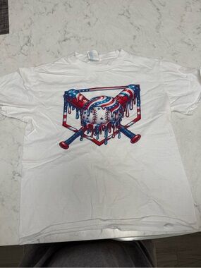 Boys White Graphic Baseball Tee with Red & Blue Accent